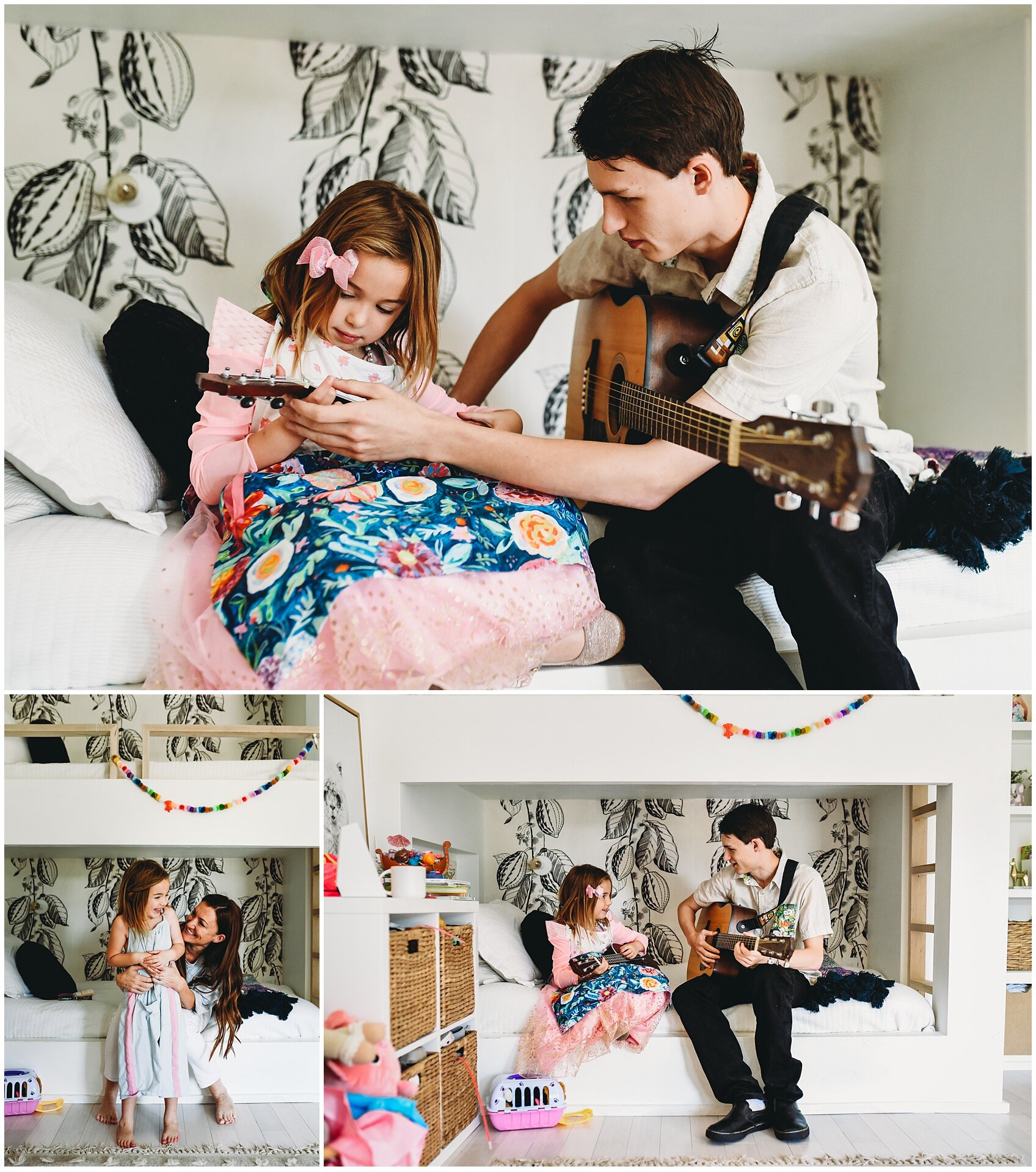 brother and sister playing guitar at home