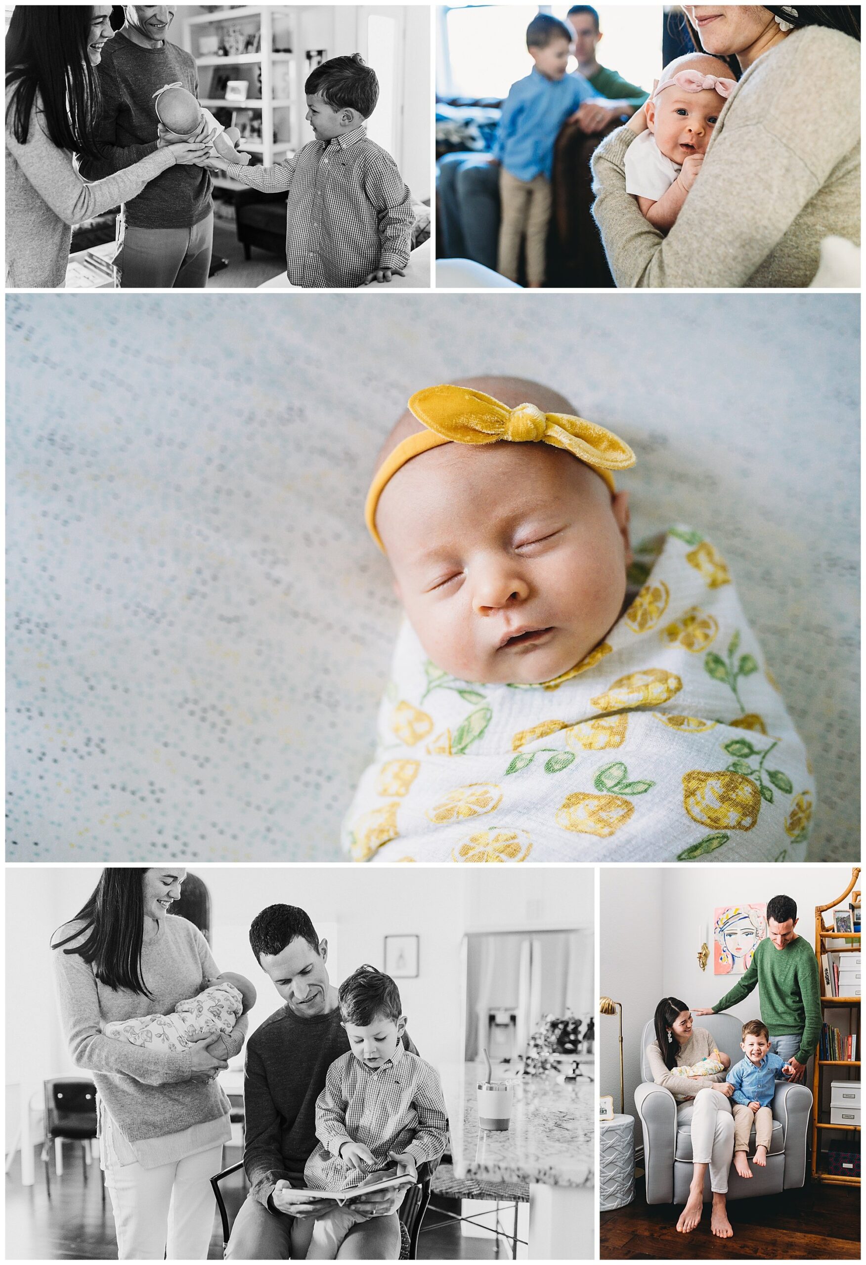 newborn baby girl with family and big brother at home