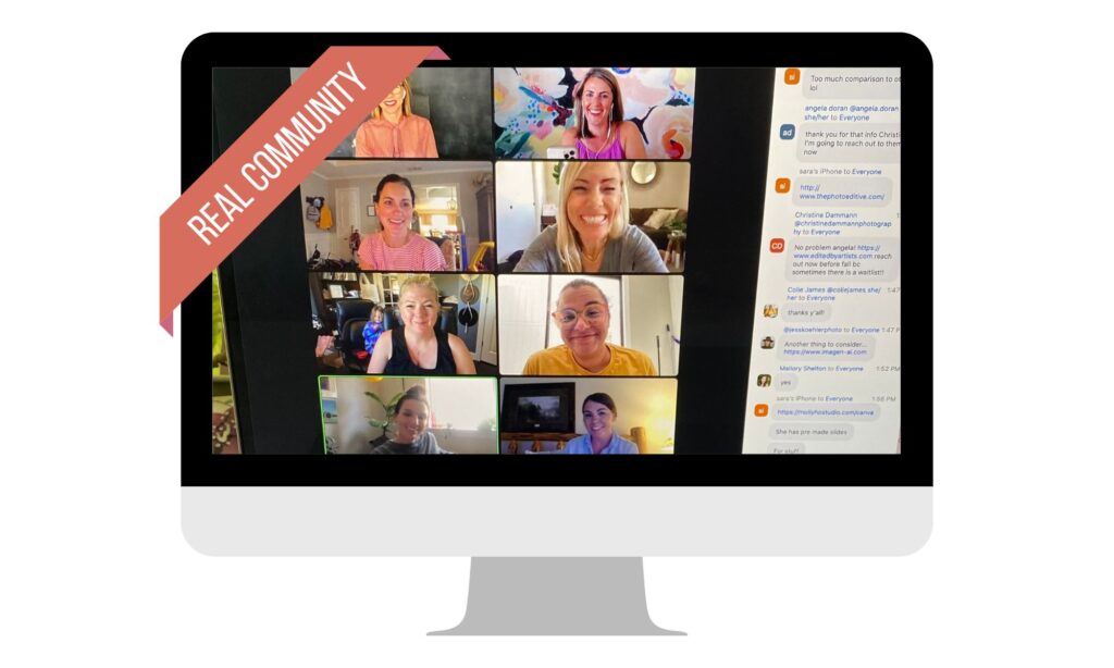 group of female photographers meet on zoom for online business education during photography business mastermind